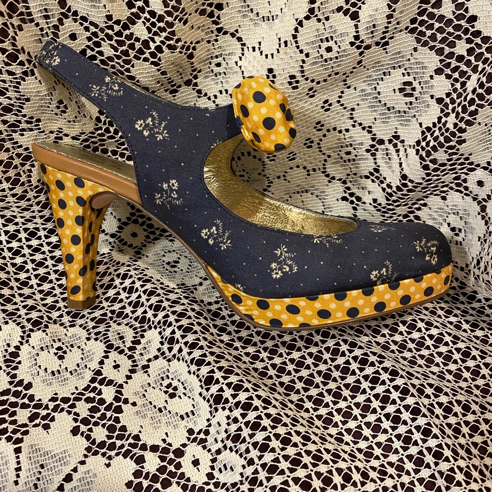 Anthropologie Slingback Heels - Navy Print and Yellow Polka Dot